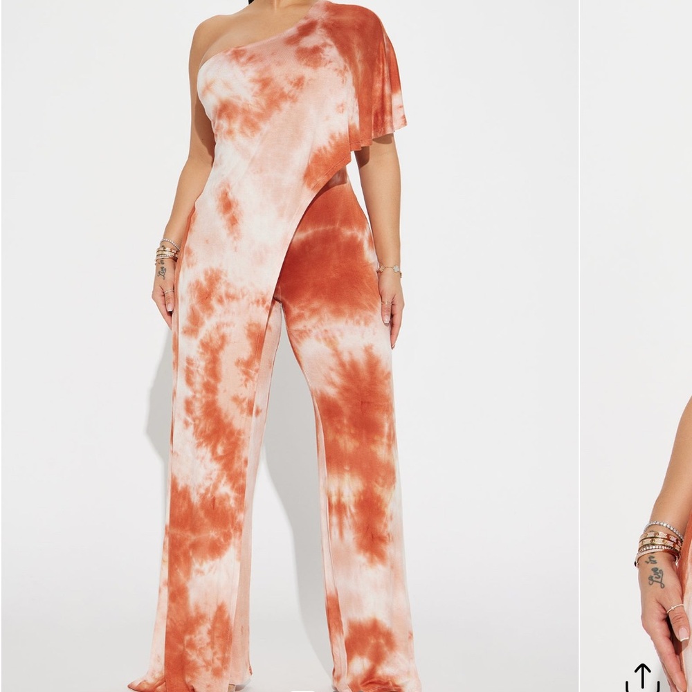 Fashion Nova Orange and Cream Tie-Dye Jumpsuit